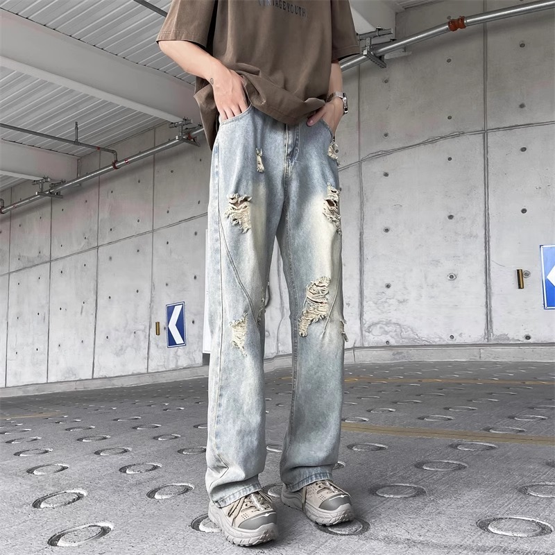 celana jeans pria baggy sobek denim cowok korean style straight jeans vintage