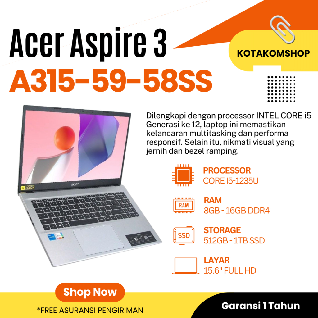 Laptop Acer Aspire 3 A315-59-58SS Core i5 Gen 12 Ram 16Gb Ssd 512Gb 15.6" Full Hd - Laptop Core i5 T