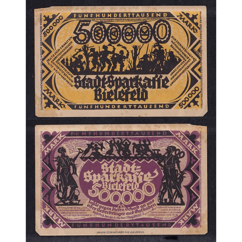Uang kertas darurat militer (notgeld) Jerman 500000 Mark tahun 1923 "City of Bielefeld - Prussian pr
