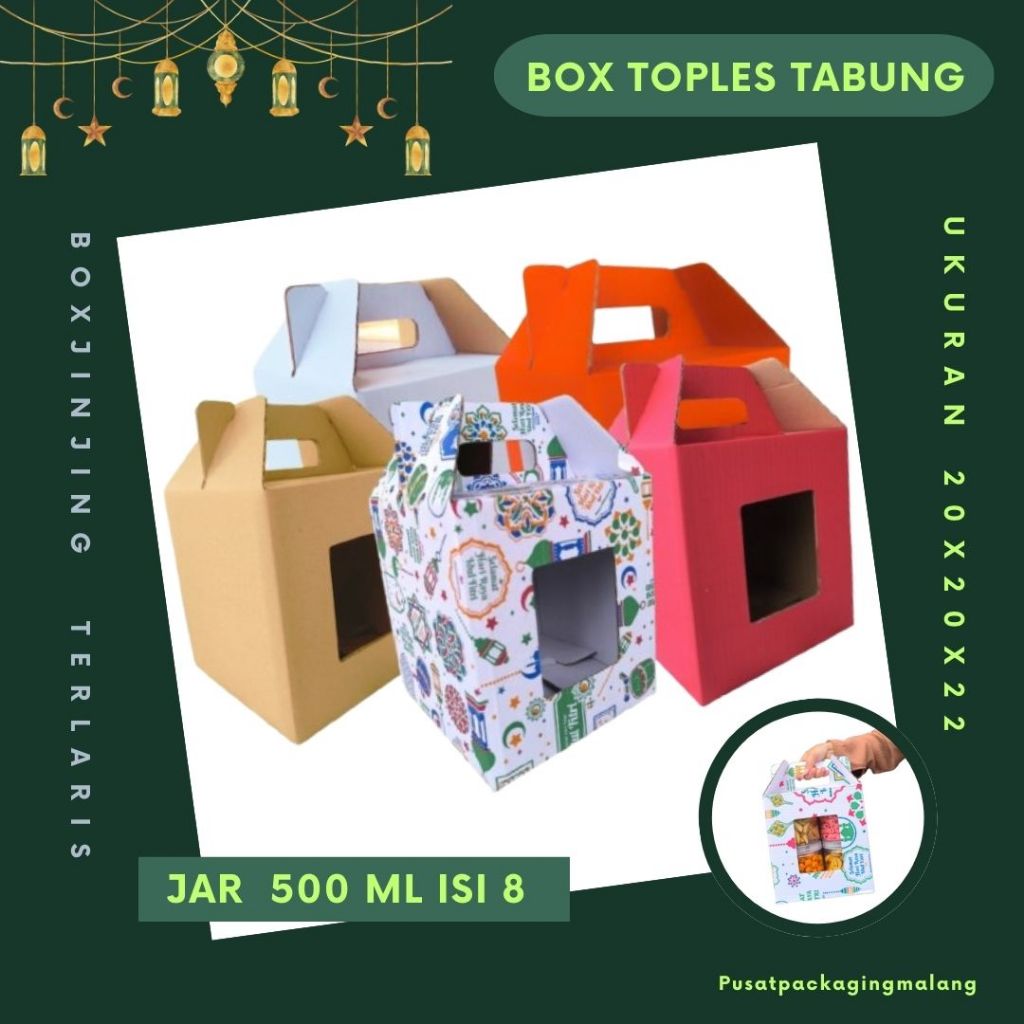 

Box 20x20x22 Jinjing (KUKER TOPLES JAR 500ml ISI 8) Kardus Idul Fitri Lebaran Hampers/Ied Mubarak/Box Boneka/Hampers Kue Kering