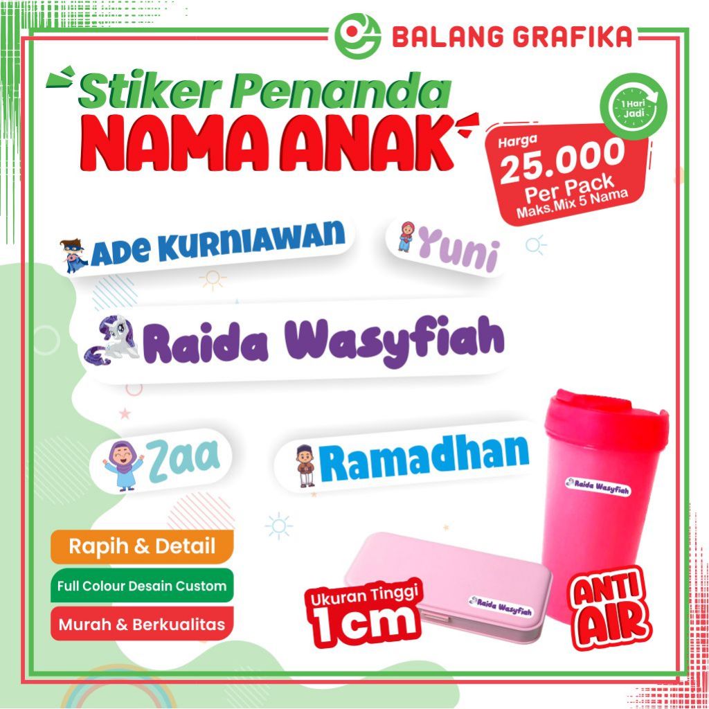

Stiker Nama Custom Label Penanda Buku ATK Waterproof Ukuran Tinggi 1 cm