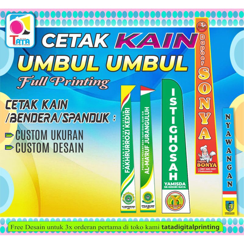 CETAK BENDERA, UMBUL-UMBUL PRINTING CUSTOM BAHAN KAIN SATIN, TC, POLYESTER