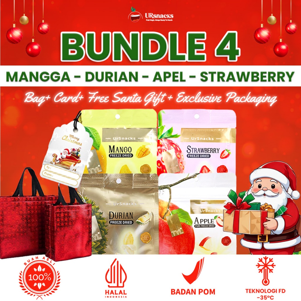 

URSNACKS Bundle Of 4 [RS] - Freeze Dried Keripik Sehat Durian + Mango + Strawberry + Apple