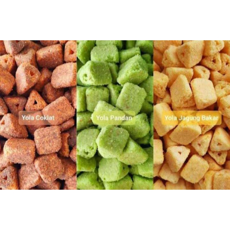 

Yola segitiga tersedia rasa coklat, pandan, jagung kemasan 250gr
