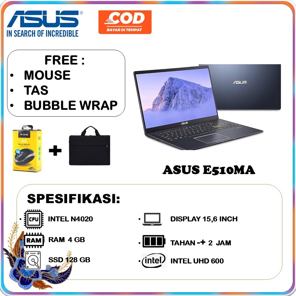 LAPTOP ASUS E510MA SLIM SERI TERBARU INTEL N4020 RAM4GB SSD128GB