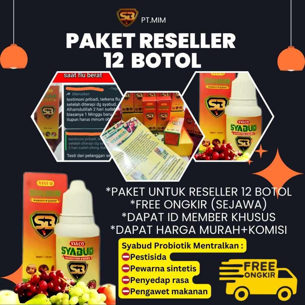 

*PAKET UNTUK RESELLER 12 BOTOL *FREE ONGKIR (SEJAWA) *DAPAT ID MEMBER KHUSUS *DAPAT HARGA MURAH+KOMISI Apa itu SYABUD PROBIOTIK.. Merupakan formula khusus yg terbuat dari fermentasi berbagai jenis buah-buahan dan sayuran serta didalamnya terdapat BA