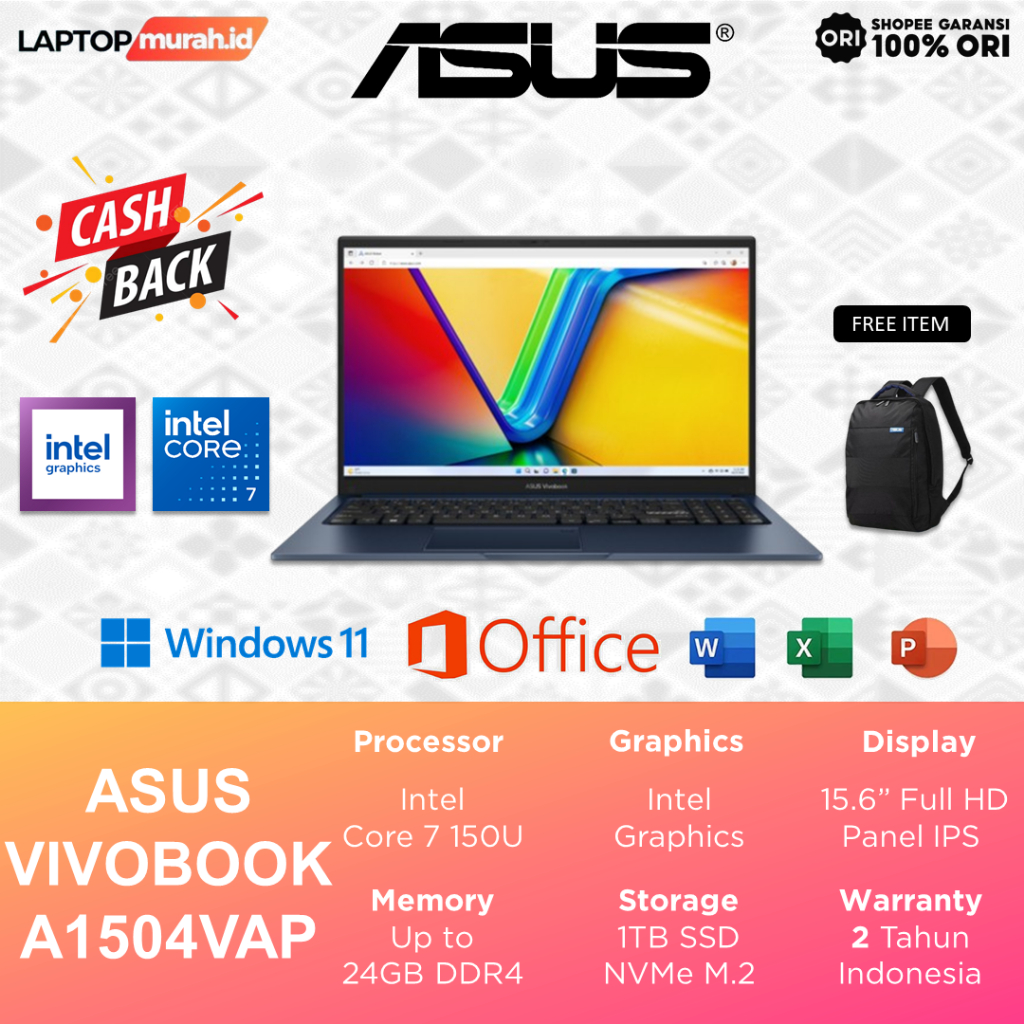 Laptop Asus Vivobook Core 7 150U 24GB 1TB 15.6" FHD Windows 11 Home + OHS - Asus Vivobook A1504VAP