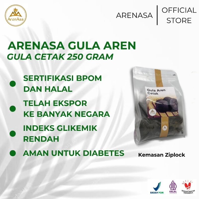 

Arenasa Gula Aren cetak 250gram (palm sugar/gula semut) gula kesehatan, alami, organik, premium, rendah gl, serifikasi BPOM dan Halal, kemasan ziplock bag
