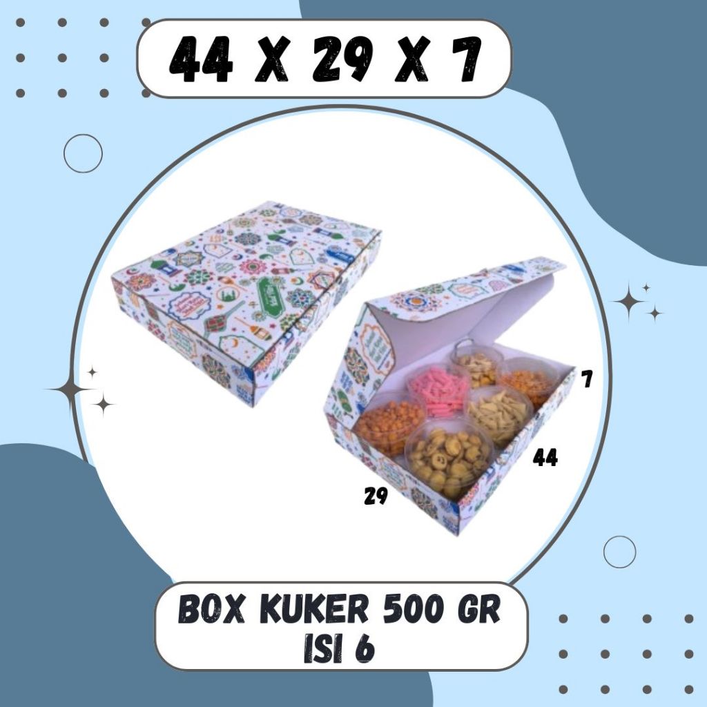 

Box kuker 44x29x7 LD (KuKer Toples 500gr isi 6) Kardus Lebaran/Kue Kering/Box hampers/idul fitri/eid mubarak/Box Kuker/Box Kue Kering/ied Mubarok/Polos/Motif