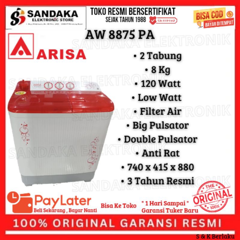 mesin cuci 2 tabung 8kg low watt ARISA aw 8875 pa garansi resmi