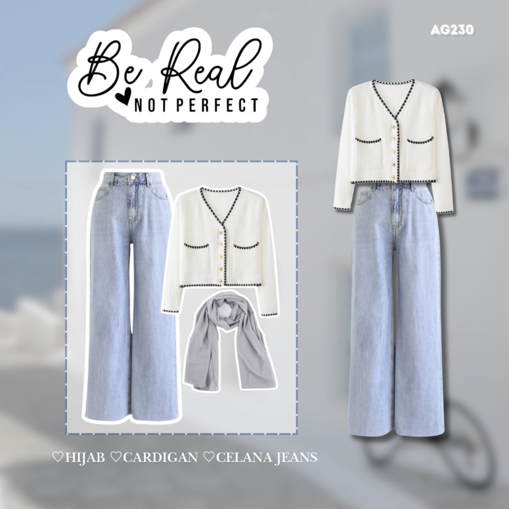 New Arrival Outfit Set Korean Style 3in1 OOTD Korean Style Terbaru | Cardigan + Celana Jeans + Hijab