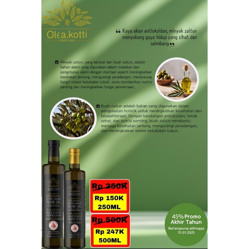 

Minyak Zaitun Import by Olea Kotti Organic Extra Virgin Olive Oil with Polyphenol 250 ML | minyak kesehatan import | minyak zaitun murni organik |