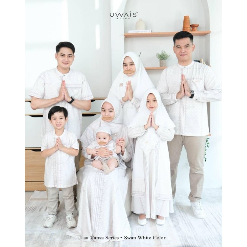 BAJU GAMIS SARIMBIT COUPLE FAMILY SET PRINT MOTIF BATIK NOURA NADAA DRESS NADIEM QURTA  PUTIH SWAN W