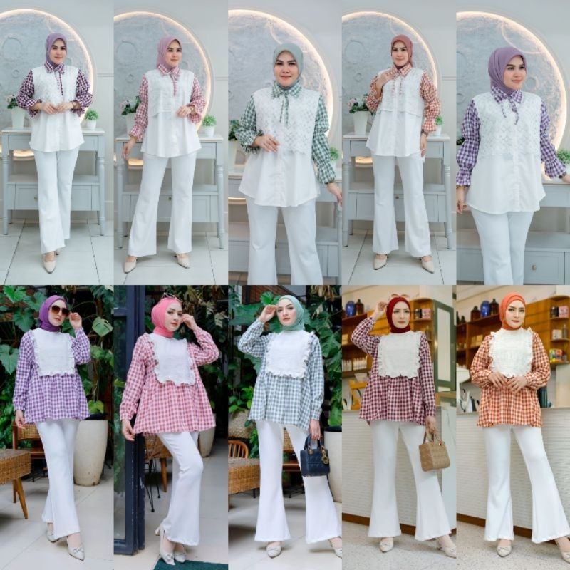 Blus Wanita Kotak-Kotak Motif Etnik