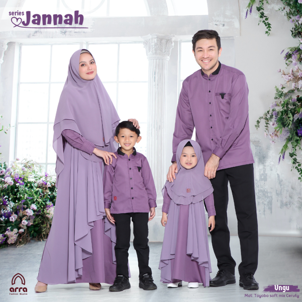 Baju Muslim Couple Keluarga Sarimbit Jannah Series Gamis Syari Koko Toyobo Soft Mix Ceruty Purple