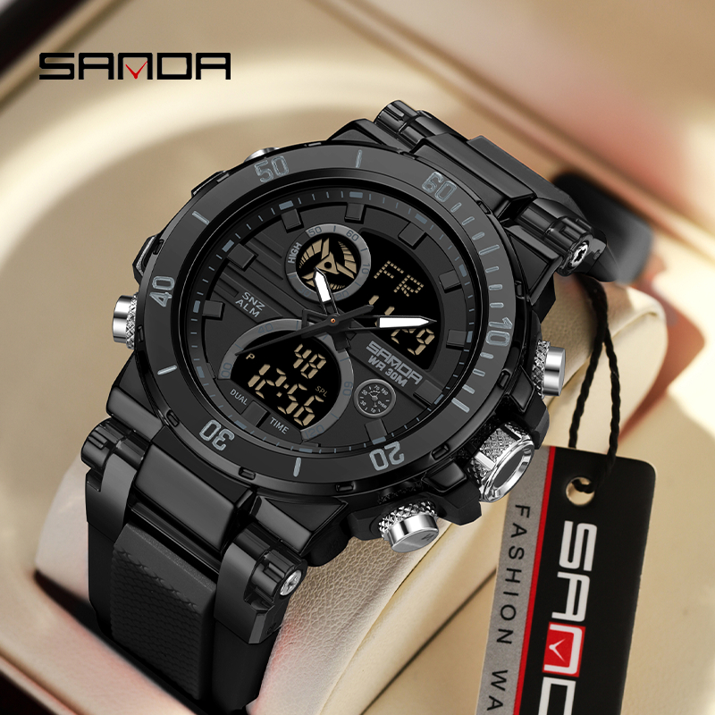 SANDA Jam Tangan Olahraga Mewah Pria Tali Silikon Analog Digital Jam Tangan Tahan Air Alarm Display 