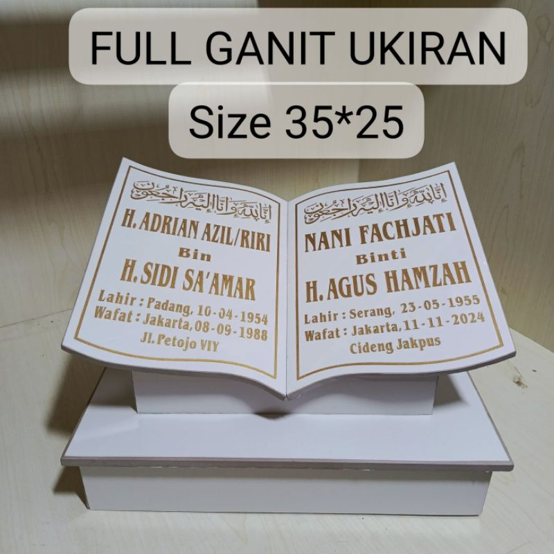 BATU NISAN PUTIH MENGKILAT GRANIT UKIRAN 35*25CM WARNA CAT EMAS/HITAM PREMIUM FREE PACKING KAYU