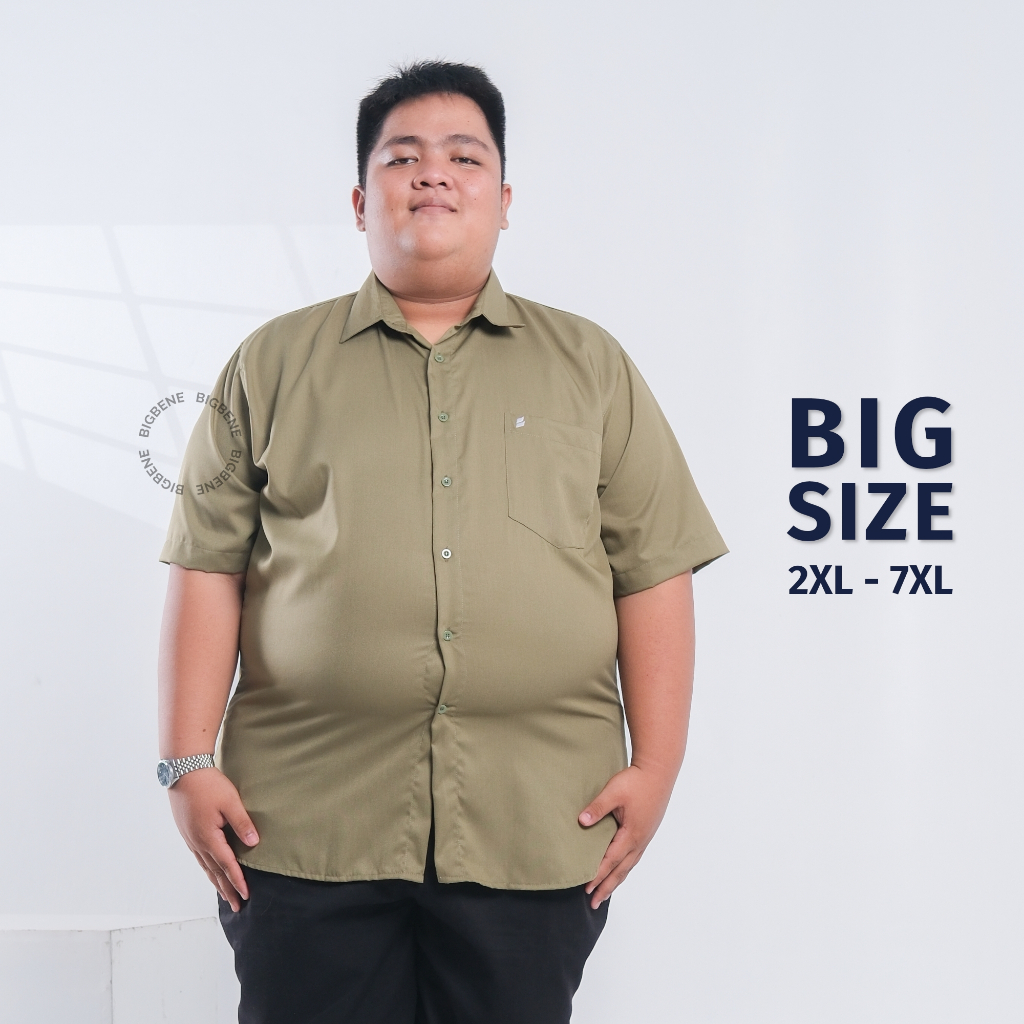 BIGBENE Kemeja Pria Big Size Baju Hem Cowok Ukuran Jumbo Lengan Pendek Lakshana Hijau Army