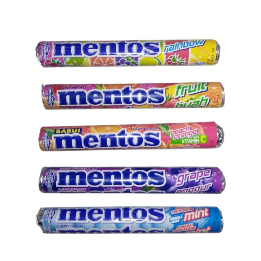 

Mentos Roll Permen Chewy Dragees Mint , Grape , Peach , Fruit , Rainbow 37g - Fruit Buah