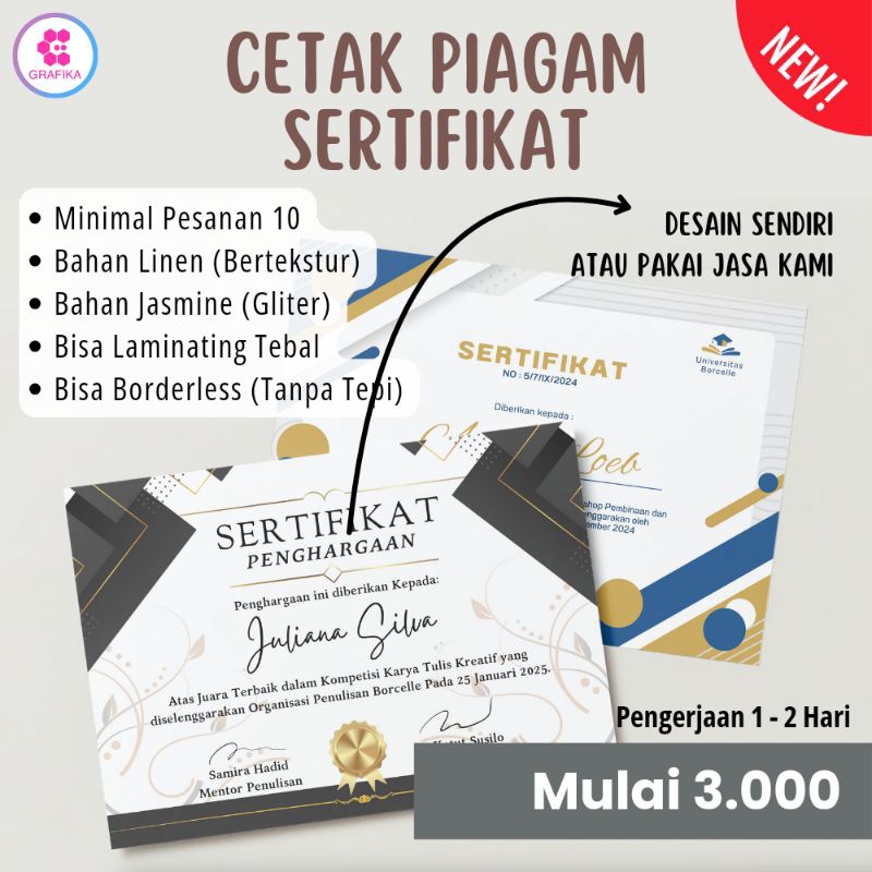 

Jasa Cetak Piagam atau Sertifikat Berkualitas, bisa Borderless dan Laminating.