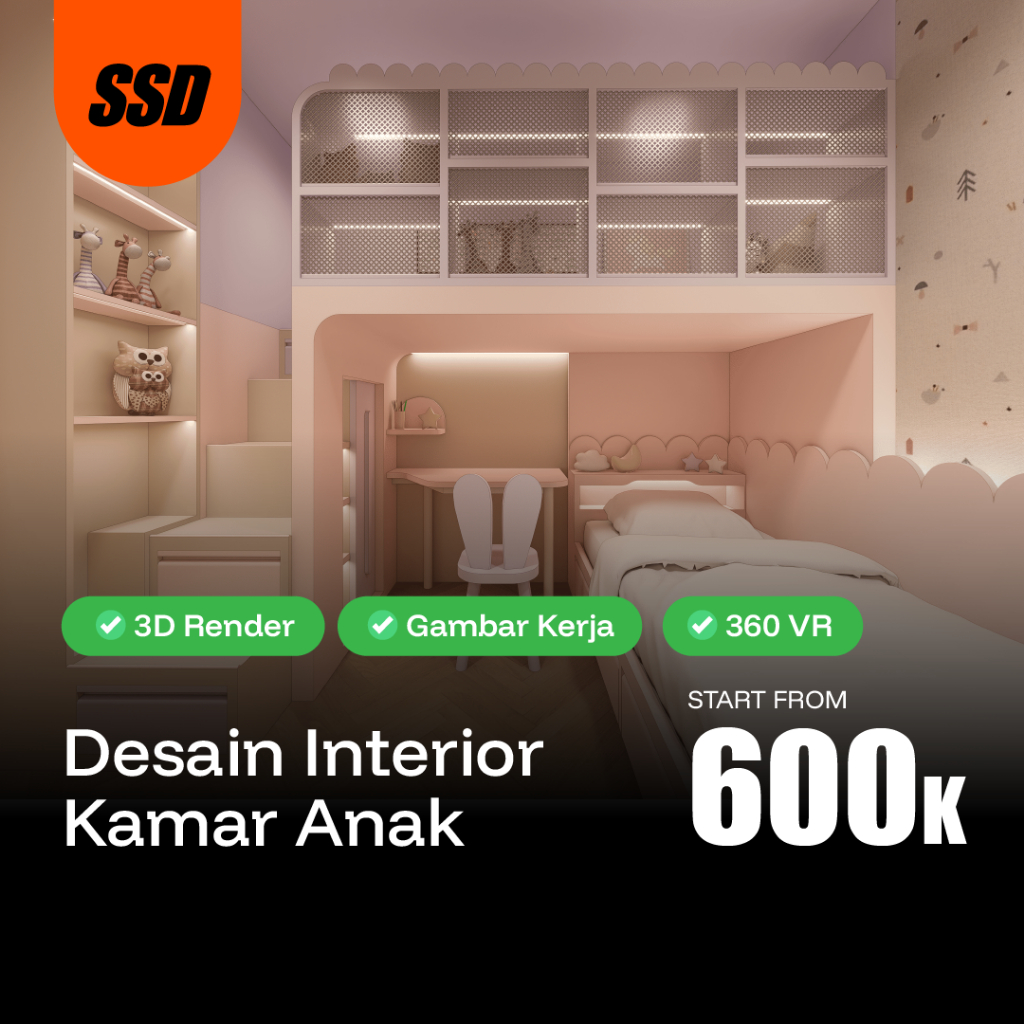 JASA DESAIN INTERIOR KAMAR ANAK | 3D, 360 VIEW,1 GAMBAR KERJA