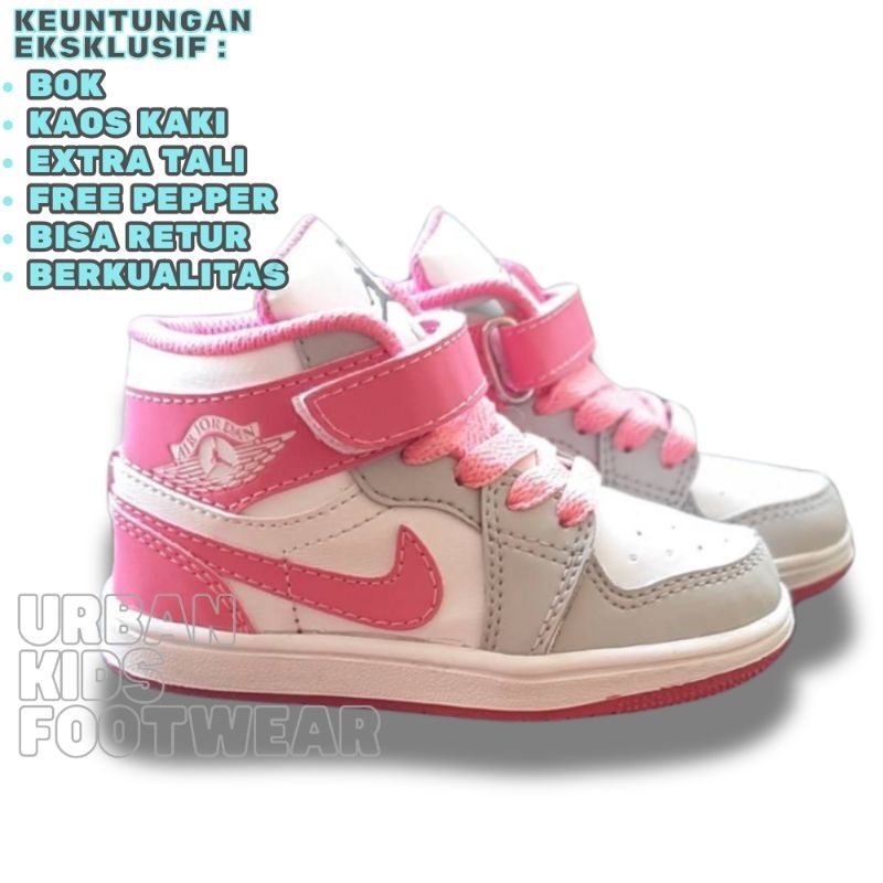 Sepatu Jordan Anak Perempuan White Pink Grey High Gratis kaos kaki dan bok