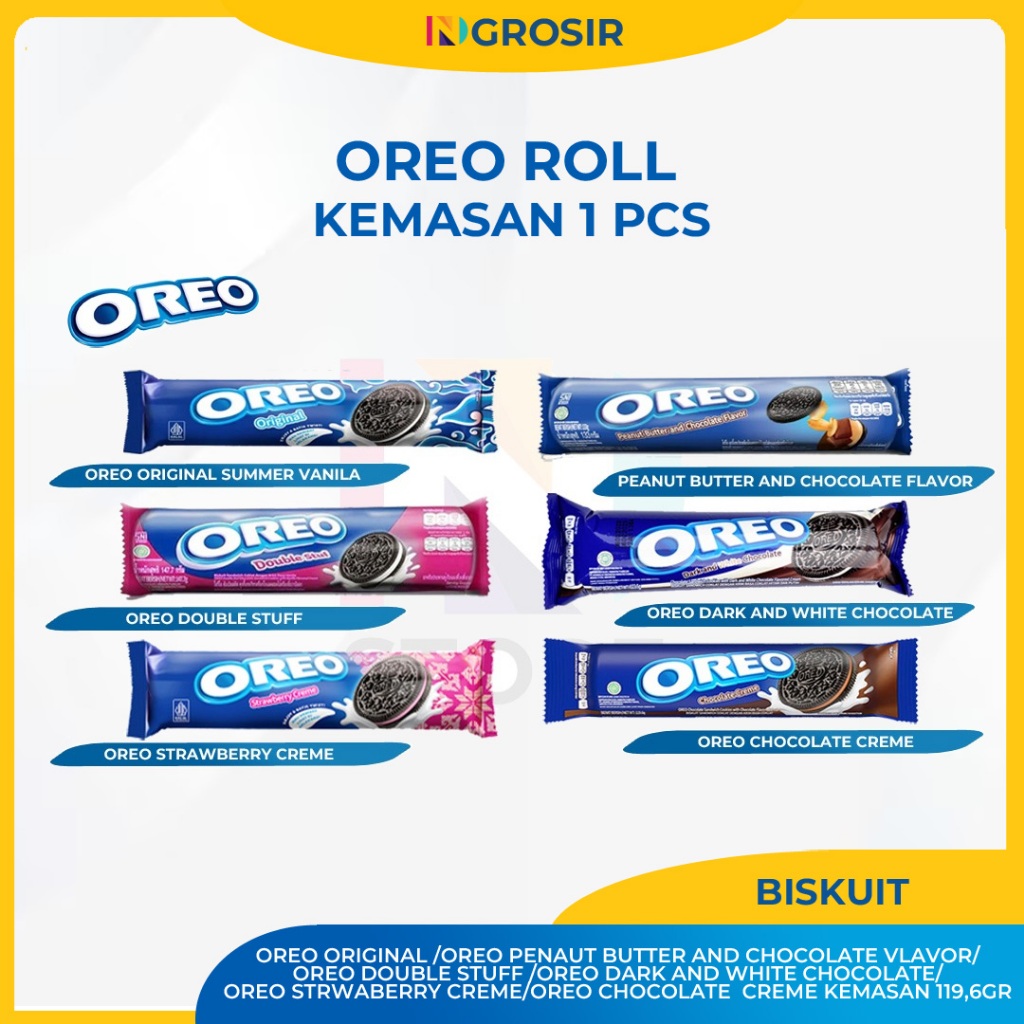 

Biskuit Oreo Roll Rasa Original/Strawberry Creme/Cokelat Creme/Dark And White Chocolate/Double Stuff/Peanut Butter/Ice Cream Blueberry Kemasan 119.6gr 1 Pcs