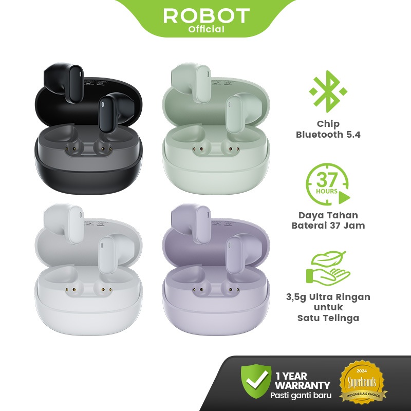 ROBOT TWS Earphone Wireless Bluetooth 5.4 with Gagang Mini 2 cm Headset Bluetooth 37H PlayTime Nova 