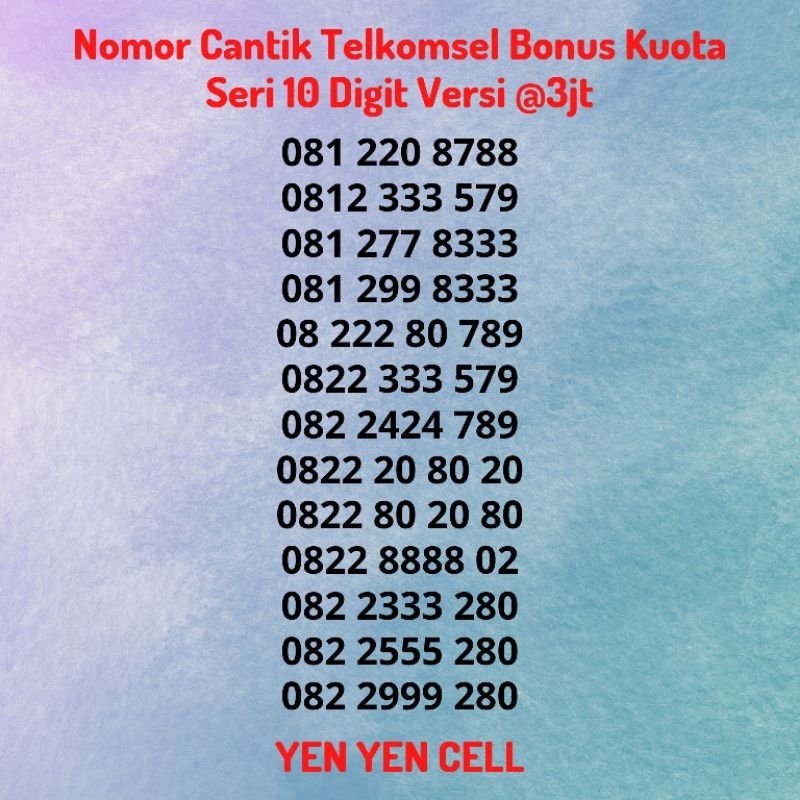 Nomor Cantik Spesial Telkomsel 10 Digit Bonus Kuota 260GB Versi Harga @3jt - Kartu Perdana Seri Ekor
