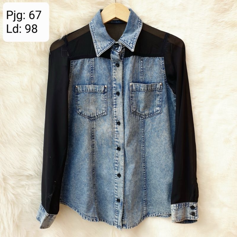 Layla Rose Baju Atasan Kemeja Denim mix Sifon Lengan Panjang Wanita