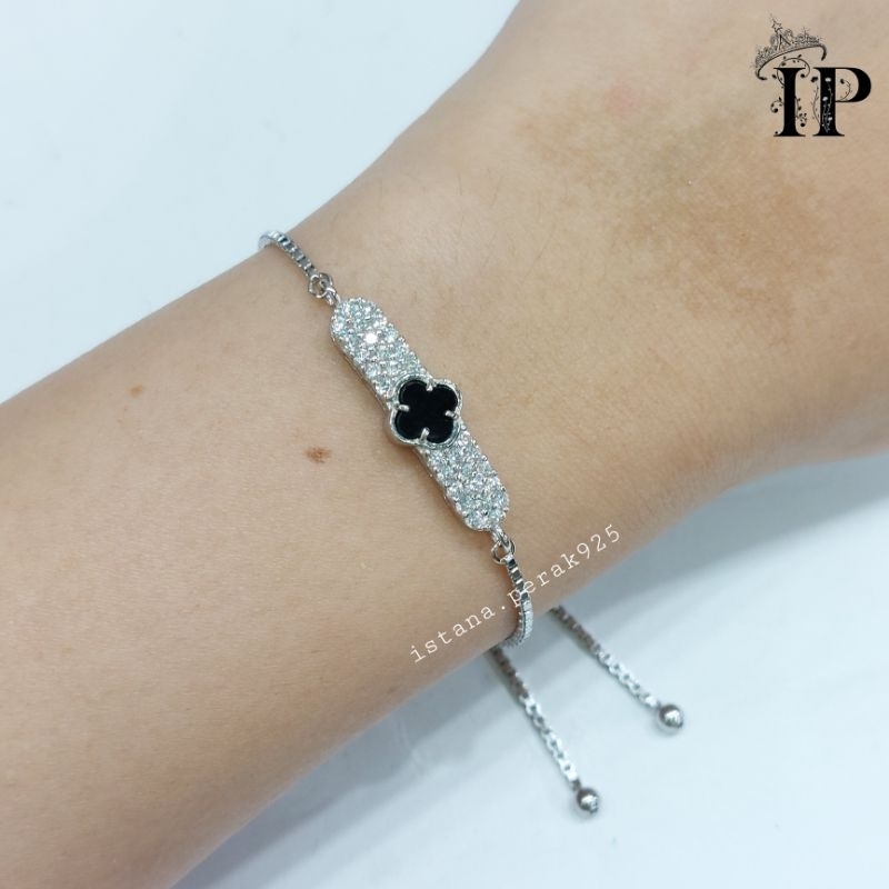 Gelang Tangan Serut Perak Asli Silver 925 Lapis Emas Putih Model Vancleef Bunga Clover Hitam - Perhi