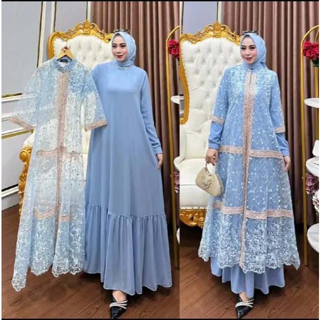 Syakila Dress Baju Gamis Brokat Lebaran 2025 Bahan Ceruty Babydoll Dress Set Outer Lepas Pasang Mode