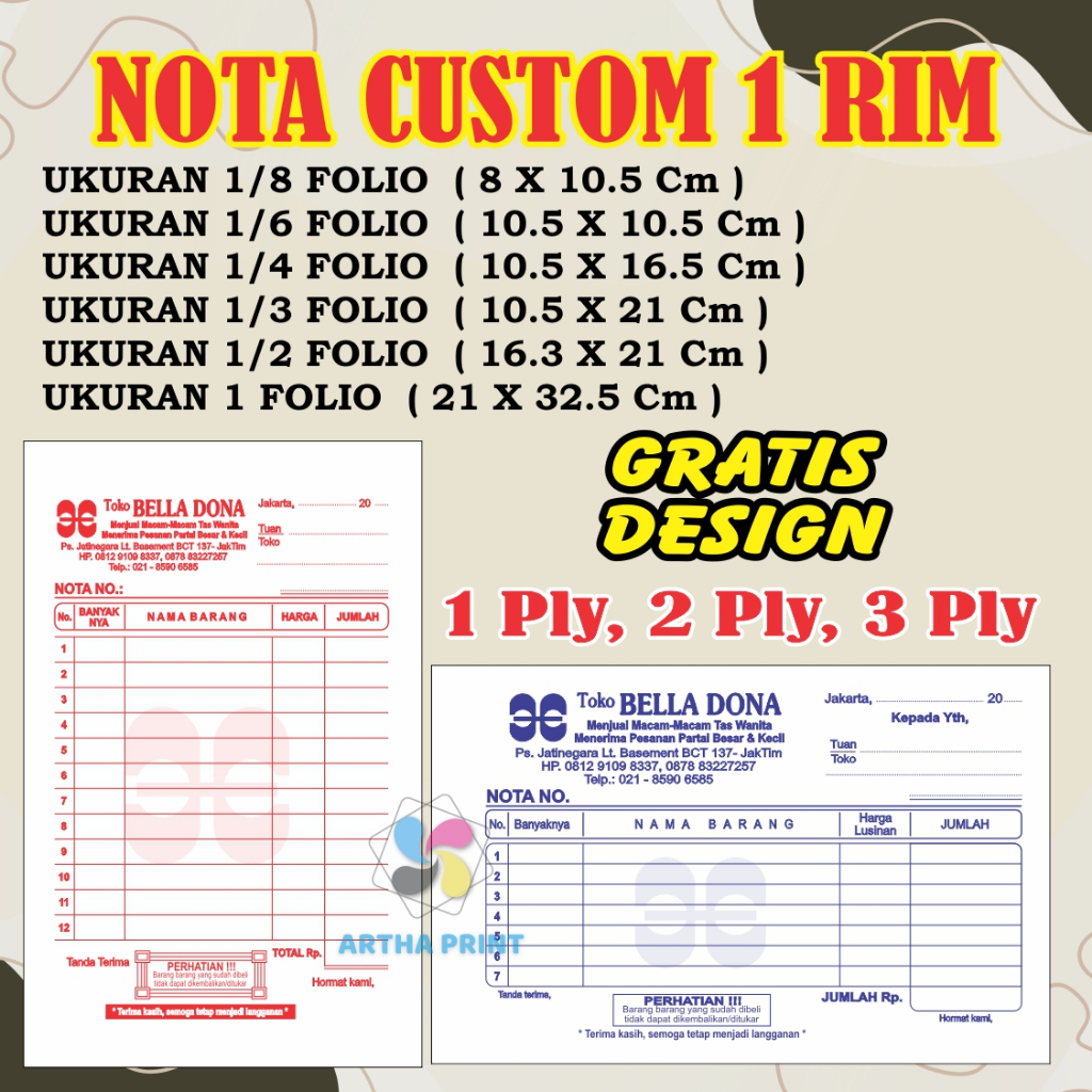 

NOTA CUSTOM, SURAT JALAN, KWITANSI MERK TOKO SENDIRI, 1 RIM REQUEST WARNA DAN UKURAN