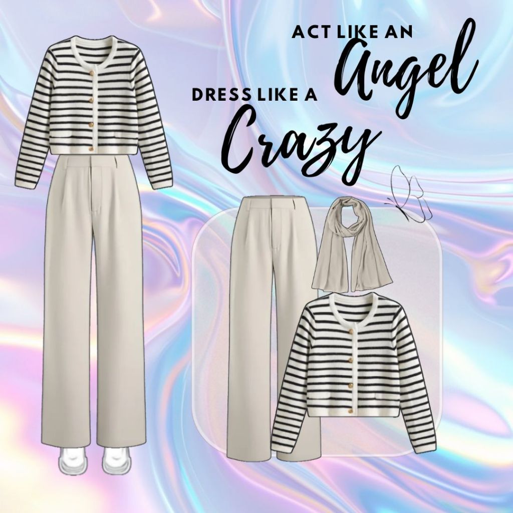 Chick Style 3in1 Set Baju Wanita (Pasmina, Cardigan Strip, Celana Kulot Knit ) Outfit hijab Casual a