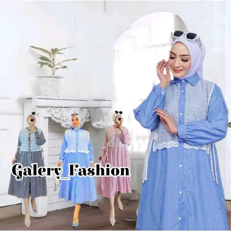 Gamis Motif Garis-Garis MIDI dress Salur Mix burkat depan/MIDI dress Salur Busui Friendly/Gamis MIDI
