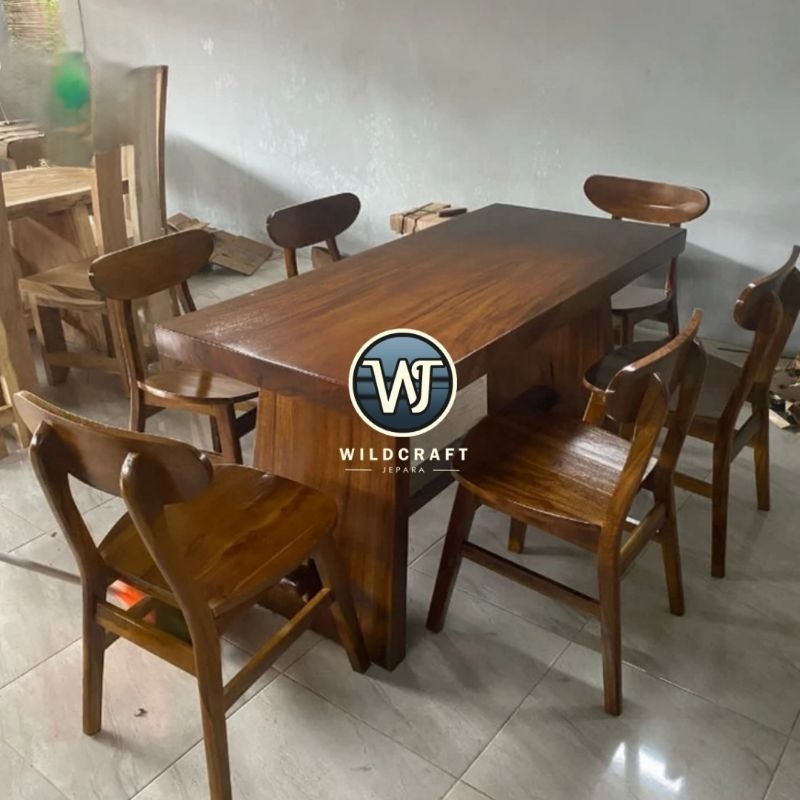 SET MEJA MAKAN TREMBESI 6 KURSI ROPAN JATI FINISHING