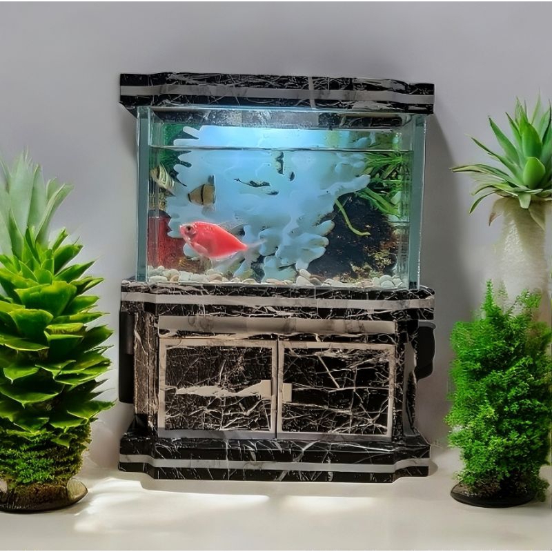 Akuarium Mini Deskware Fullset dengan Lemari LED dan Batu Hias untuk Ikan Cupang dan Hewan Air Kecil