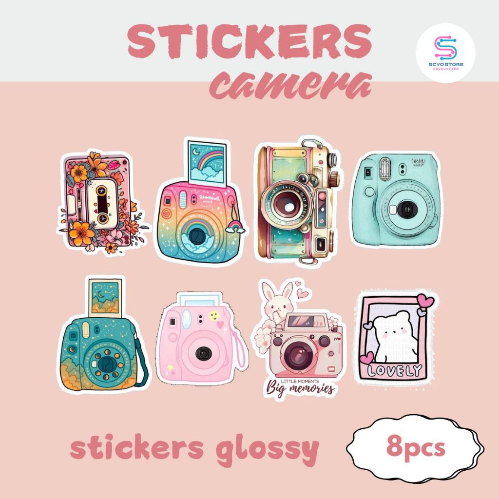 

Stiker Kamera 8pcs Stickers Camera Glossy Stiker Laptop Aesthetic