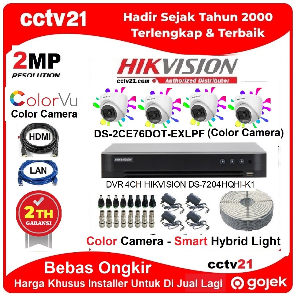 Paket Lengkap 4 Camera HIKVISION ColorVu DS-2CE76DOT-EXLPF Smart Hybrid Dual Lght DVR HIK-DS-7204HQH