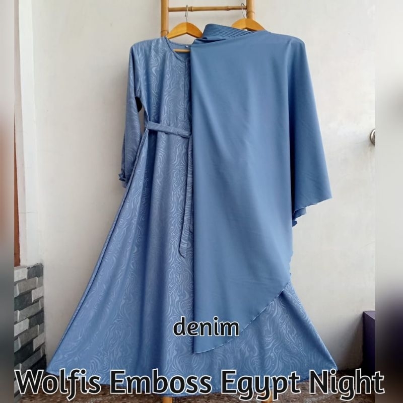 SET Gamis Syari Wolfis emboss wolvis embos khimar wollycrepe
