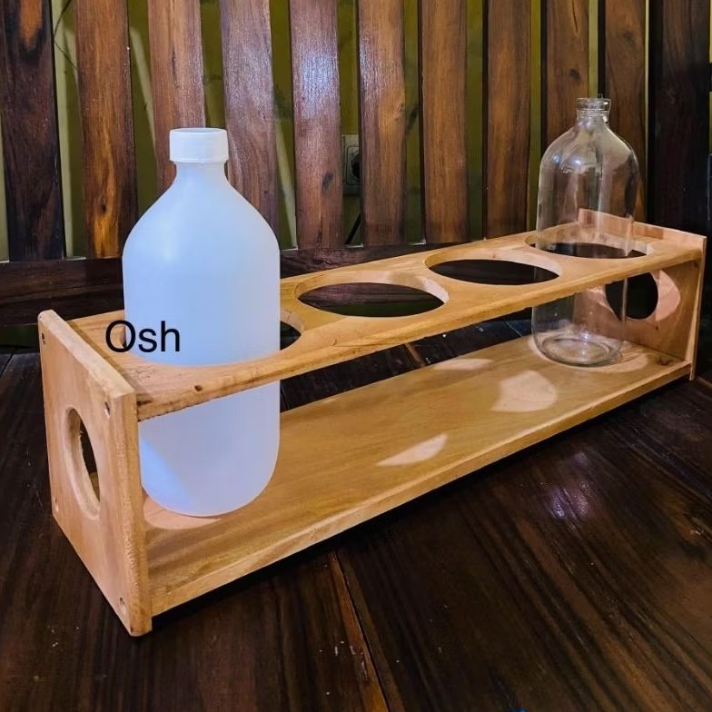 RAK BOTOL JAMU/ BOTOL BENSIN 4 LUBANG BAHAN KAYU MAHONI