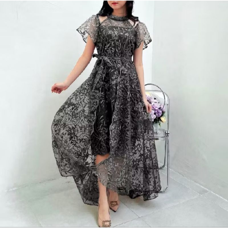 Charity Dress - Dress Pesta Brukat Mewah Lengan Pendek Terbaru - Baju Wanita Kondangan Brokat Termur