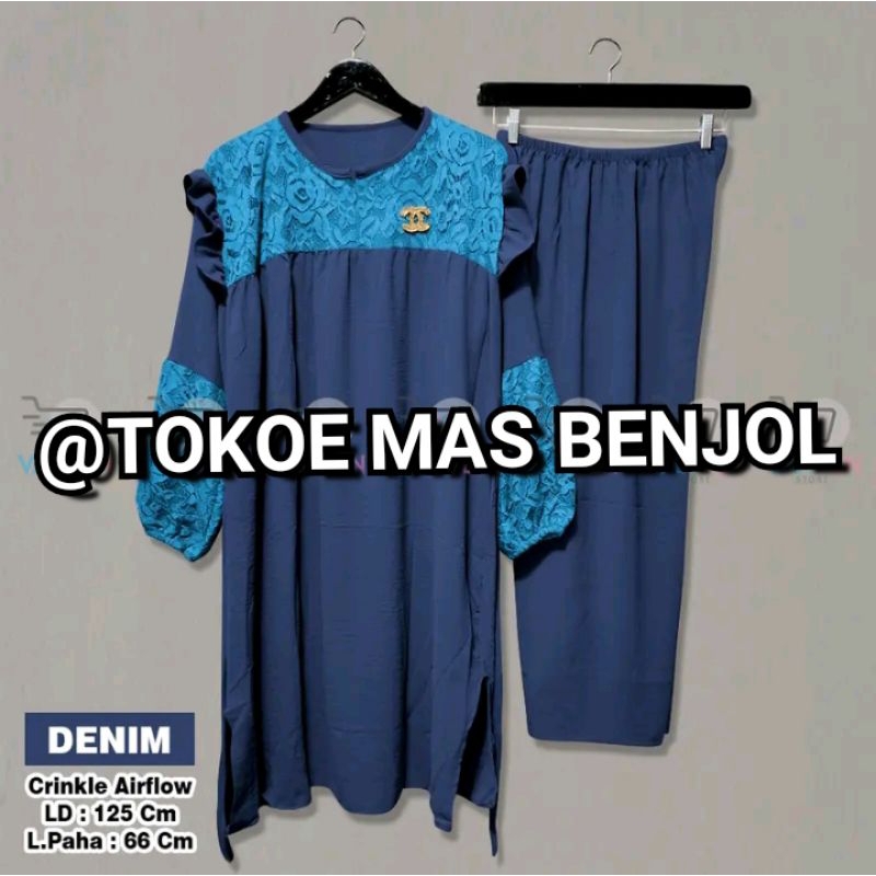 TMB ✨ SETELAN TUNIK CRINGKEL JUMBO LD 130 KOMBINASI BROKAT MODEL RESLETING BUSUI FRIENDLY