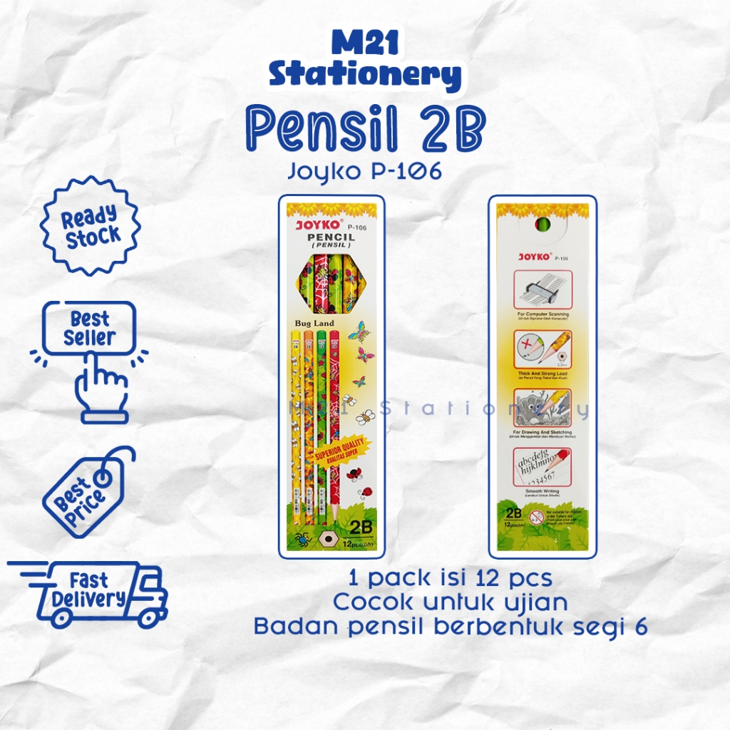 

(12 PCS) PENSIL 2B JOYKO P-106 BUG LAND / p106 1 pack pak pencil kayu pena ujian uji komputer un original menulis graphite menggambar sket sketch anak alat tulis sekolah kuliah atk kantor stationery murah / m21 stationery jogja