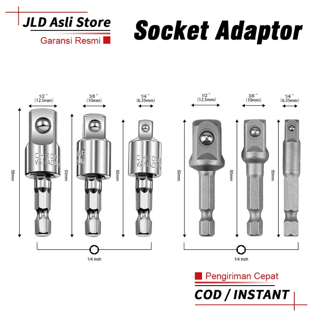 JLD 3PCS Adaptor Kepala Bor Hex Kunci Socket Impact Driver Converter