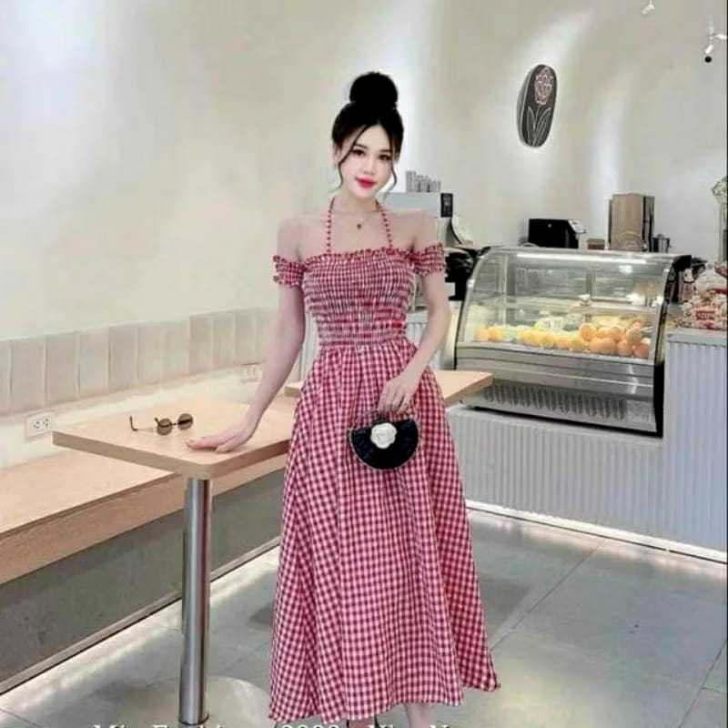 KANZA LONG dress motif kotak korea style kekinian