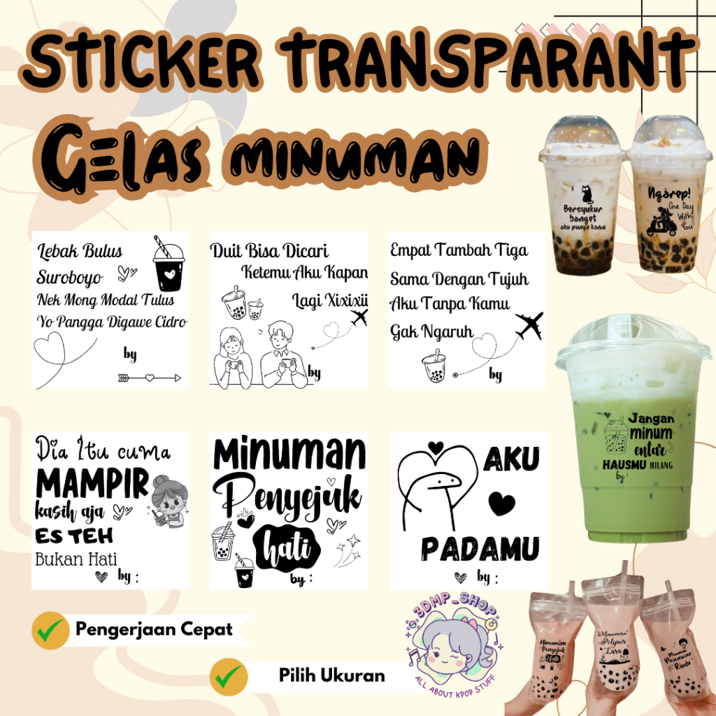 Stiker Label Transparan vinyl A3 botol gelas Boba capcin jus milktea coffe kopi teh Kata Kata Stiker