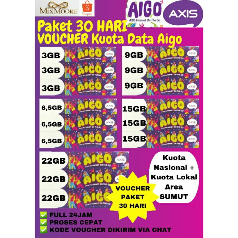 VOUCHER AXIS PAKET DATA KUOTA INTERNET AIGO 30HARI FULLTIME 1BULAN AREA SUMUT ISI ULANG SUPER MURAH 