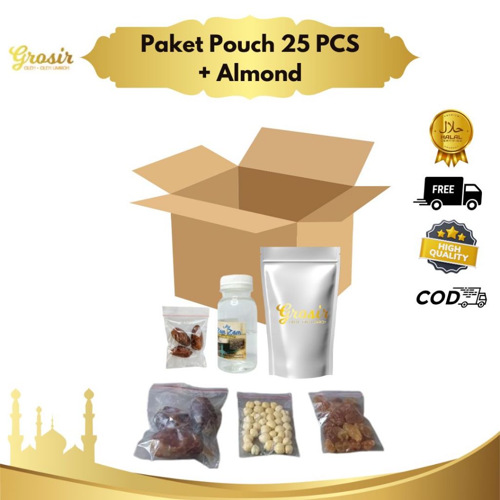 

Paket Pouch Almond 25pcs Oleh Oleh Haji dan Umroh Ekonomis Dus tali jinjing kabah paket gift Premium Terlengkap