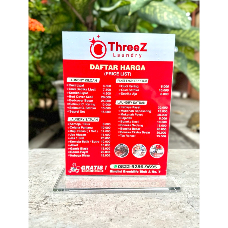 

AKRILIK MEJA LAUNDRY UKURAN 15x20cm BISA UBAH BIAYA TARIF / CUSTOM